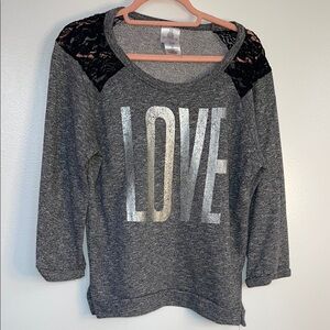 Womens juniors sweater Black Lace Detail and Scoop Neckline silver LOVE design